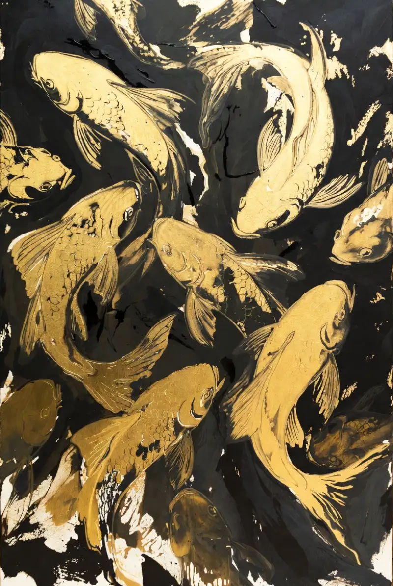 Tranh Cửu Ngư Quần Hội là gì? bảng giá cách chọn và treo 26 Tranh Cửu Ngư Quần Hội tông vàng kim trên nền đen