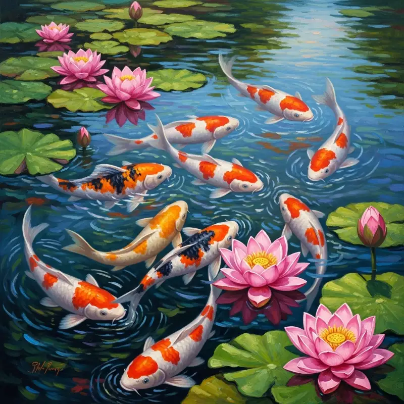 Tranh Cửu Ngư Quần Hội là gì? bảng giá cách chọn và treo 14 Cửu ngư vờn sóng giữa đầm sen hồng nở rộ