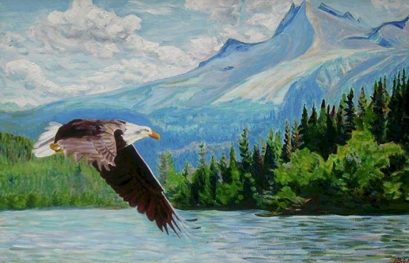 Đại bàng bay lượn giữa núi non hùng vĩ, tượng trưng cho trí tuệ sáng suốt và tầm nhìn xa