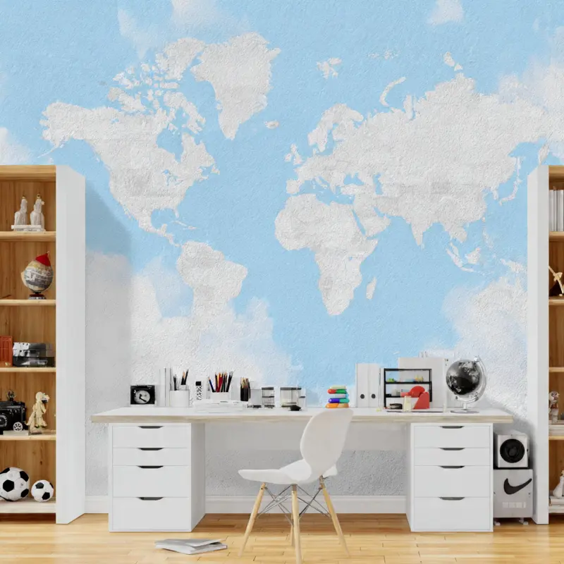 Bản đồ thế giới 3D tông trắng xanh cho góc học tập