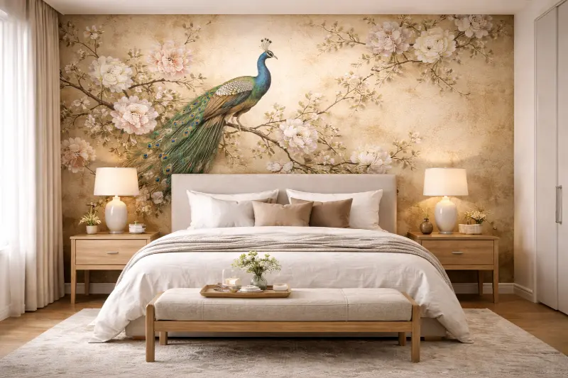 Chim công và hoa mẫu đơn phong cách cổ điển quý phái