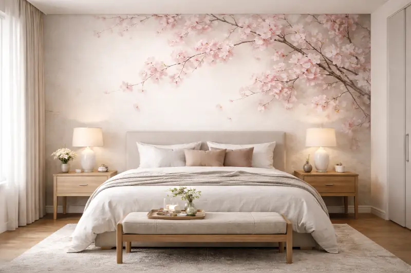 Hoa anh đào sắc hồng lãng mạn cho phòng vợ chồng