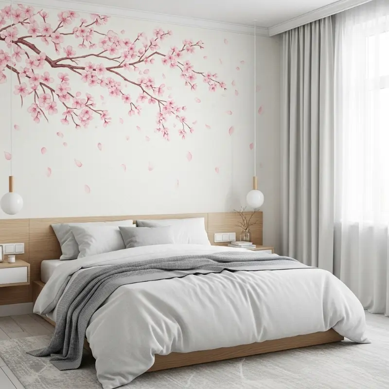 Cành đào hồng phấn rủ nhẹ thơ mộng