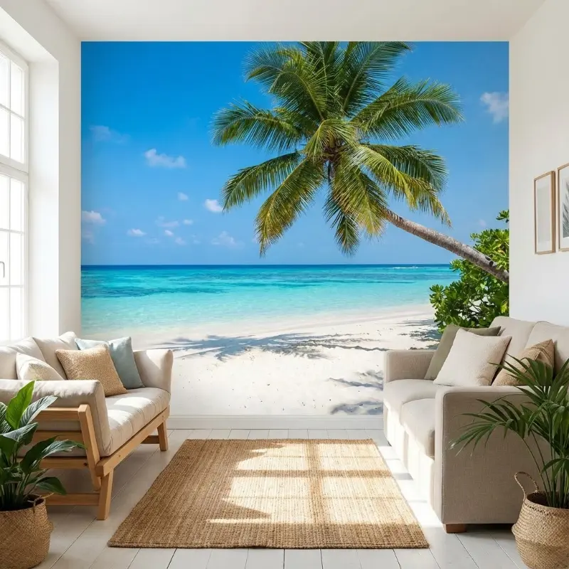 Bãi biển nhiệt đới với hàng dừa xanh mát