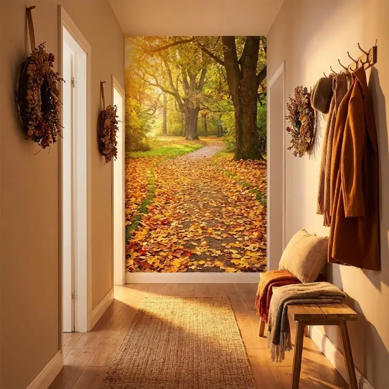 Con đường rừng thu hun hút mở rộng tầm nhìn cho phòng hẹp