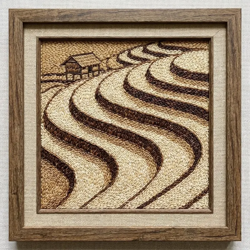 Tranh gạo ruộng bậc thang Tây Bắc, nét hạt gạo rõ và đều