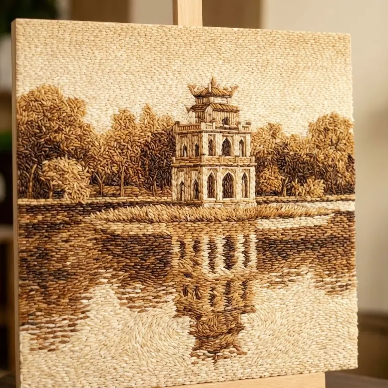 Tranh gạo Tháp Rùa Hồ Gươm, sắc trầm hoài cổ, bề mặt hạt gạo rõ