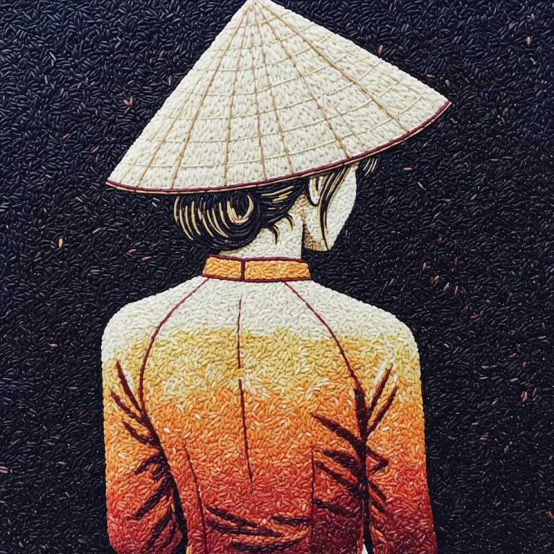 Thiếu nữ Việt Nam bên nón lá, đường nét mềm, tông ấm