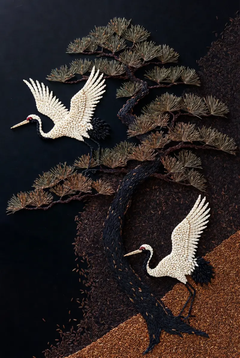 Tùng hạc diên niên, biểu tượng trường thọ, khối hạt gạo nổi nhẹ