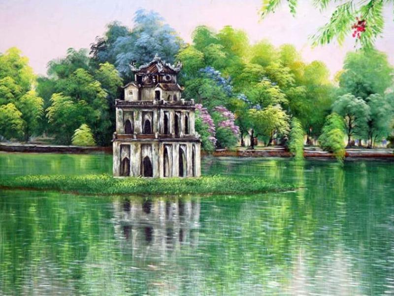 Tháp Rùa cổ kính giữa mặt nước xanh mát, mang lại cảm giác thư thái và dễ chịu cho người xem