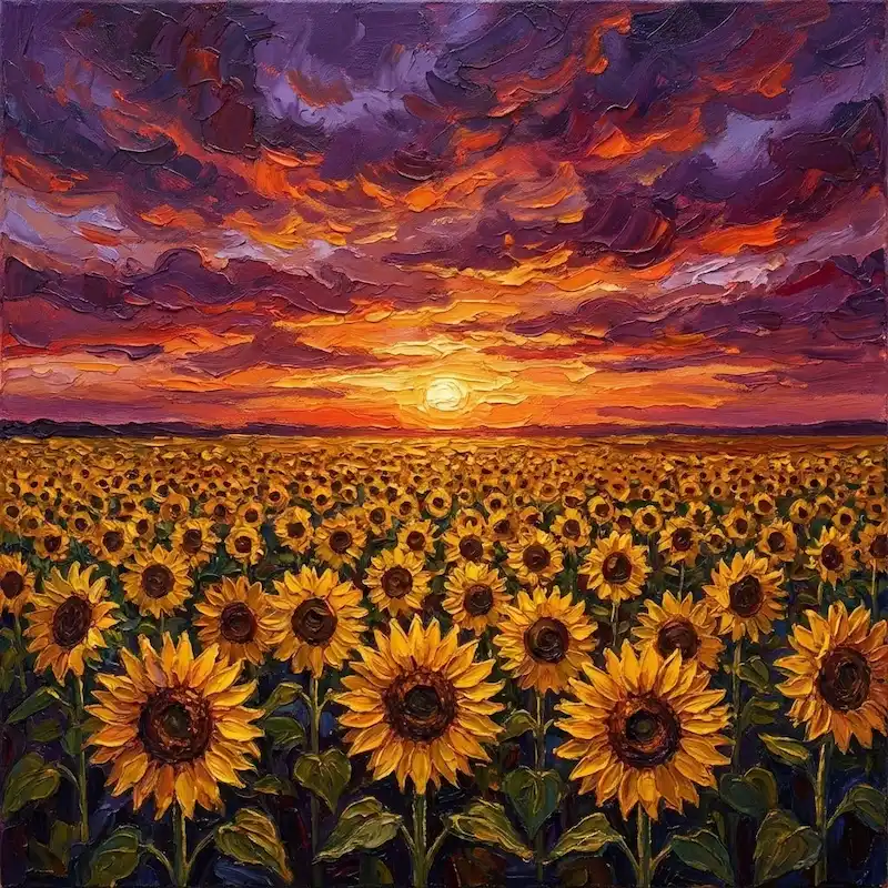 Tranh Hoa Hướng Dương cánh đồng bạt ngàn dưới ánh hoàng hôn tím đỏ huy hoàng