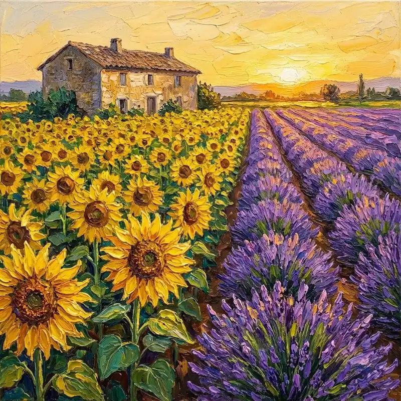 Tranh Hoa Hướng Dương kết hợp cánh đồng oải hương tím ngát dưới hoàng hôn rực rỡ