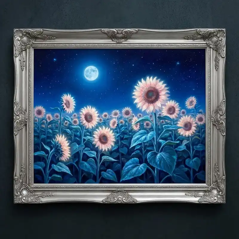 Tranh Hoa Hướng Dương khoe sắc dưới ánh trăng bạc lung linh huyền ảo đầy thi vị