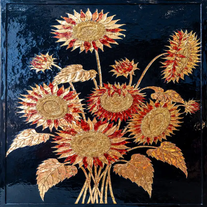 Tranh Hoa Hướng Dương nghệ thuật khảm vàng kim độc đáo trên nền đen huyền ảo