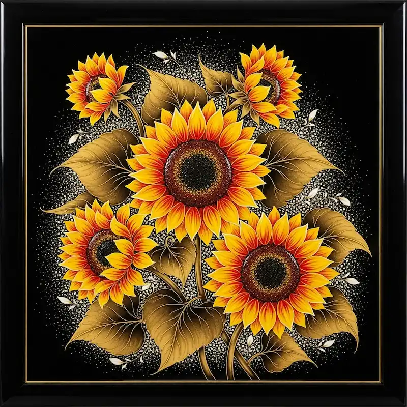 Tranh Hoa Hướng Dương nghệ thuật khoe sắc thắm trên nền đen điểm kim sa lấp lánh