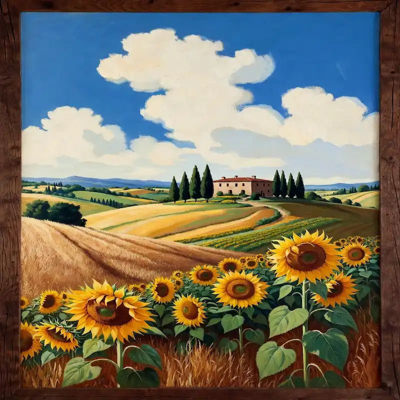 Tranh Hoa Hướng Dương phong cảnh cánh đồng bát ngát dưới trời mây trong xanh