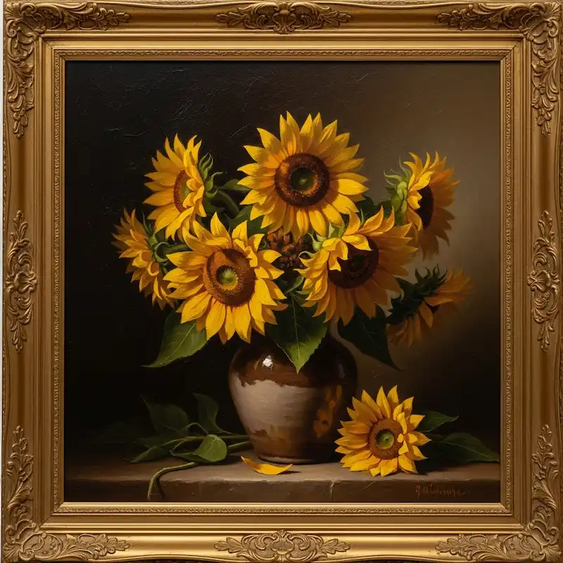 Tranh Hoa Hướng Dương tĩnh vật bình gốm nghệ thuật trên nền đen sang trọng