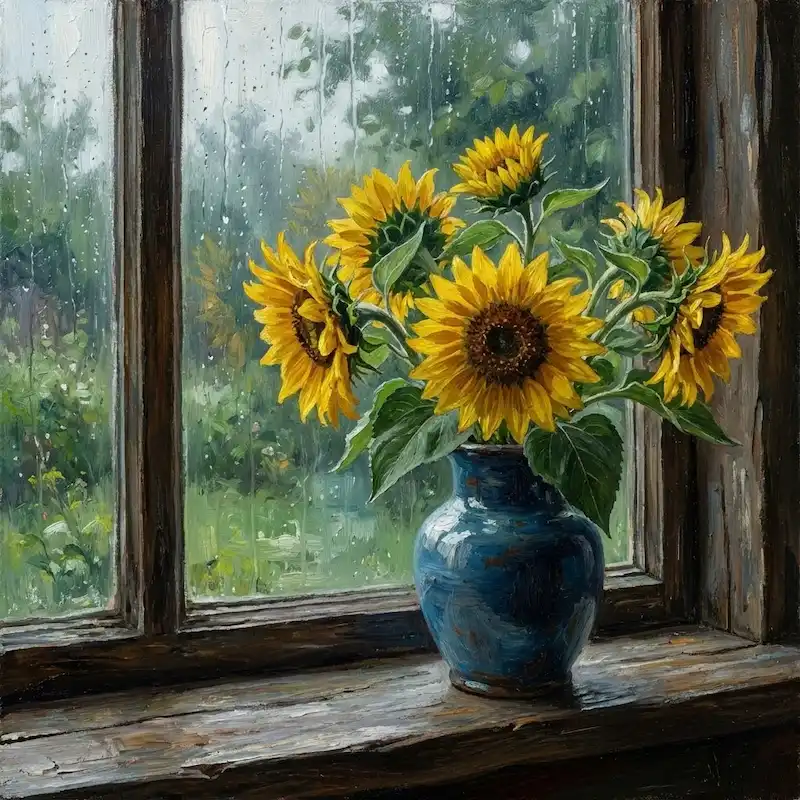 Tranh Hoa Hướng Dương tĩnh vật bình gốm xanh bên khung cửa sổ kính mờ hơi mưa