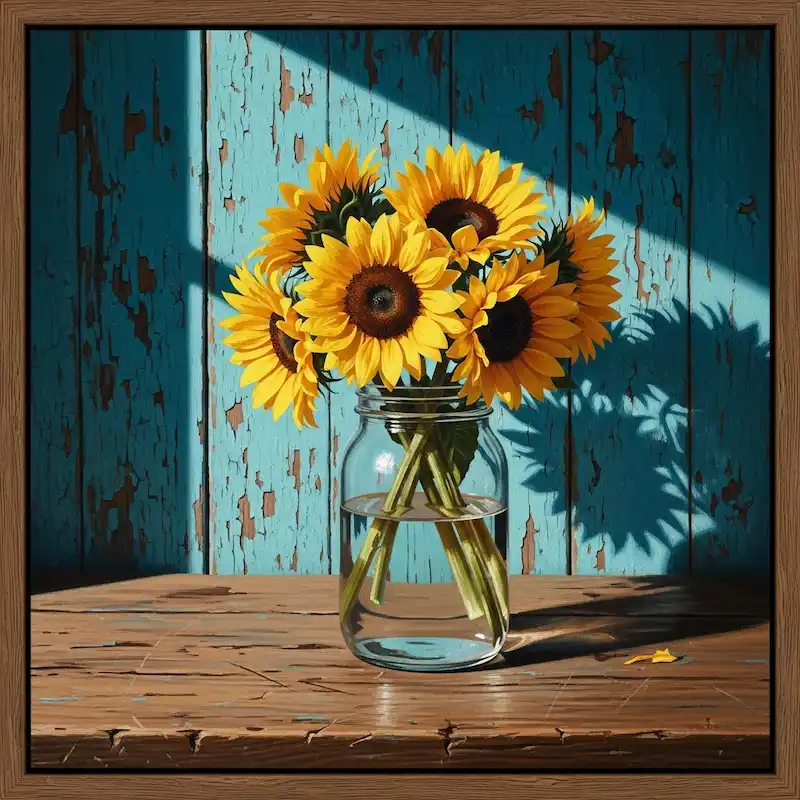 Tranh Hoa Hướng Dương tĩnh vật bình thủy tinh bên khung cửa gỗ xanh mộc mạc