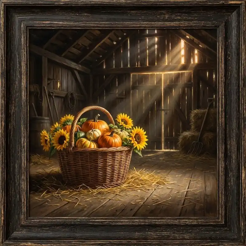 Tranh Hoa Hướng Dương tĩnh vật trong giỏ mây bên bí ngô mùa thu hoạch nơi kho gỗ