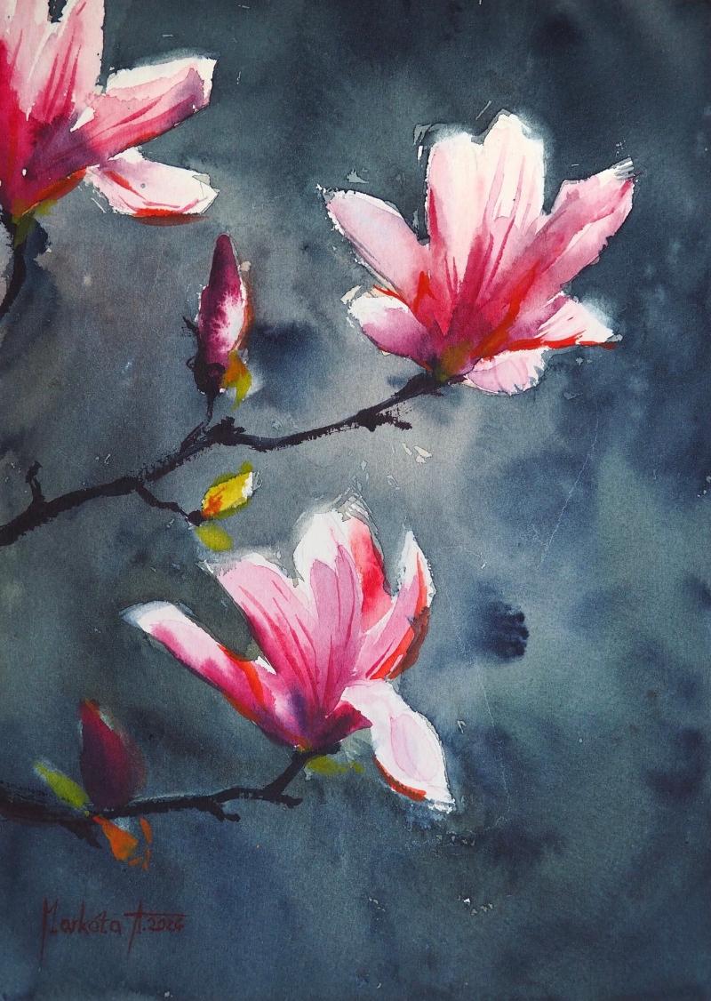 Tranh hoa mộc lan hồng với nét vẽ thủy mặc mềm mại, đại diện cho tình cảm và hạnh phúc gia đạo.