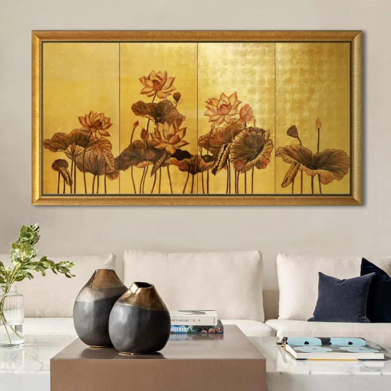 Tranh sơn mài hoa sen khổ lớn với chi tiết vàng lấp lánh, nâng tầm đẳng cấp và gu thẩm mỹ của gia chủ