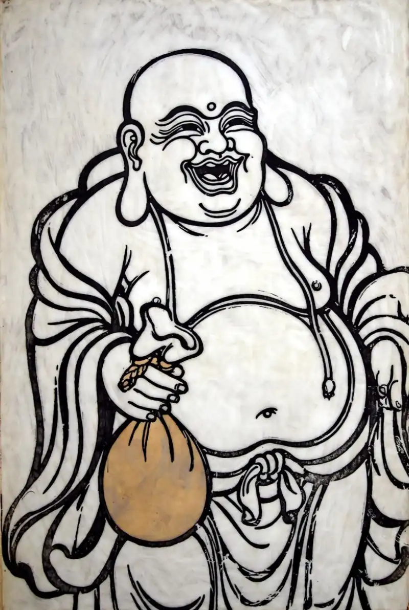 Tranh Phật Di Lặc hoan hỷ cầm túi càn khôn ban phước lộc viên mãn