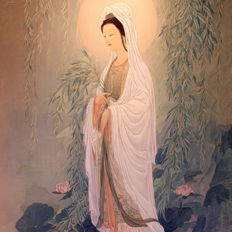 Tranh Phật Quan Âm Bồ Tát cầm nhành dương liễu cứu khổ độ chúng sinh