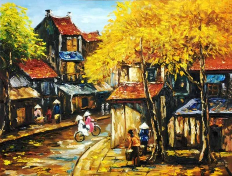 Tranh phố cổ khắc họa vẻ đẹp truyền thống của Hà Nội với mái ngói rêu phong và màu lá thu vàng