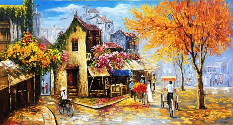 Tranh sơn dầu phố cổ nhuốm màu nghệ thuật với hình ảnh mái ngói đỏ tươi và gánh hàng rong