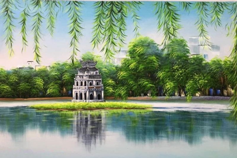 Tháp Rùa Hồ Gươm cổ kính soi bóng dưới hàng liễu rủ lãng mạn