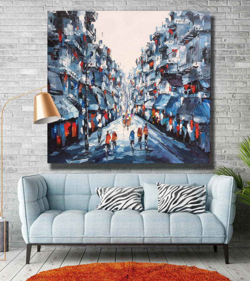 Tranh sơn dầu trừu tượng Hà Nội với mảng màu và hình khối phóng khoáng, phù hợp với không gian hiện đại