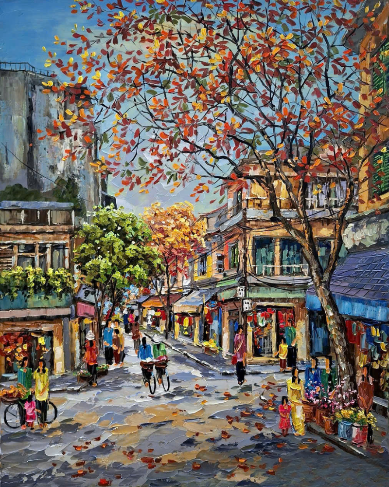 Khung cảnh phố cổ Hà Nội tấp nập với gam màu thu ấm áp, nhiều lớp