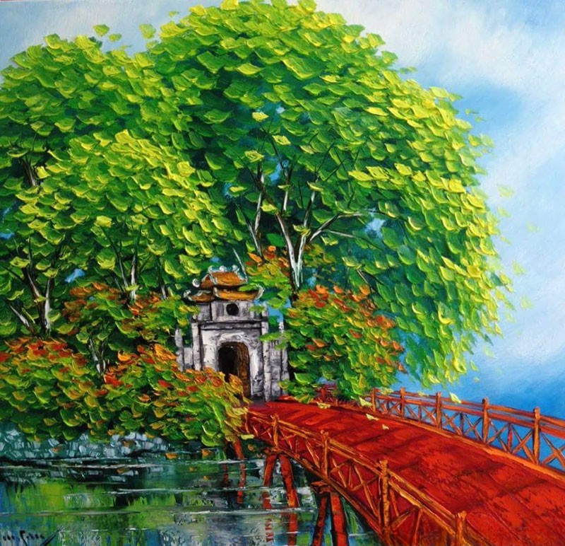Khả năng diễn tả màu sắc và ánh sáng của sơn dầu rất phù hợp để thể hiện không khí cổ kính, lãng mạn của Hà Nội