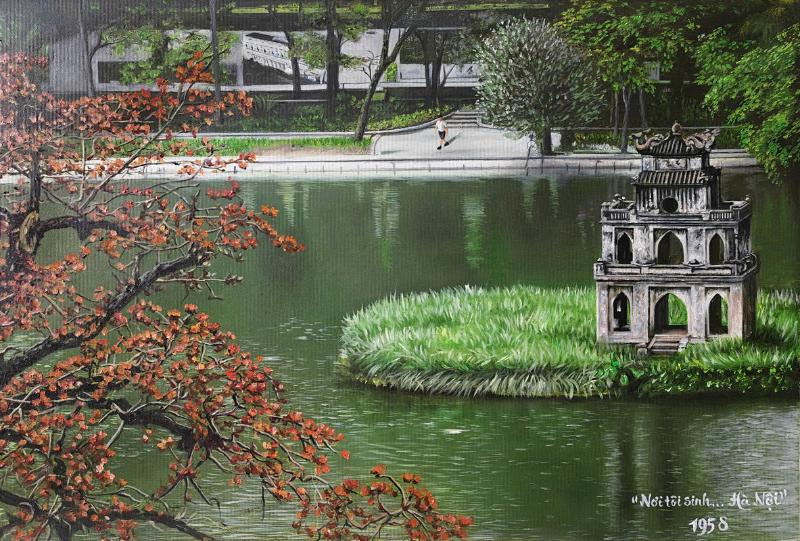 Tranh phong cảnh Hồ Gươm tĩnh lặng, gợi lên cảm xúc hoài niệm và bình yên