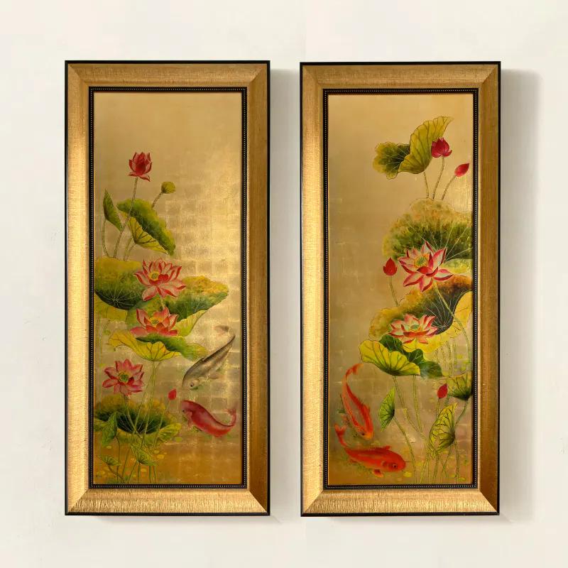 Bộ tranh sơn mài cá chép hoa sen tượng trưng cho tài lộc, may mắn và sự thăng tiến trong sự nghiệp