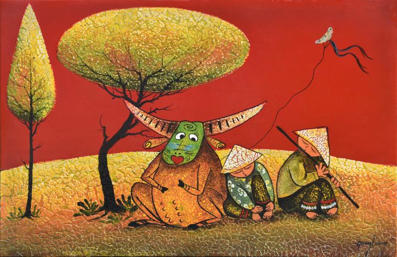 Tranh sơn mài dát vàng cao cấp - Nghệ thuật và phong thủy 4 Sự kết hợp độc đáo giữa chất liệu sơn mài, kỹ thuật dát vàng và chủ đề dân gian mộc mạc, tạo nên tác phẩm giàu cảm xúc.