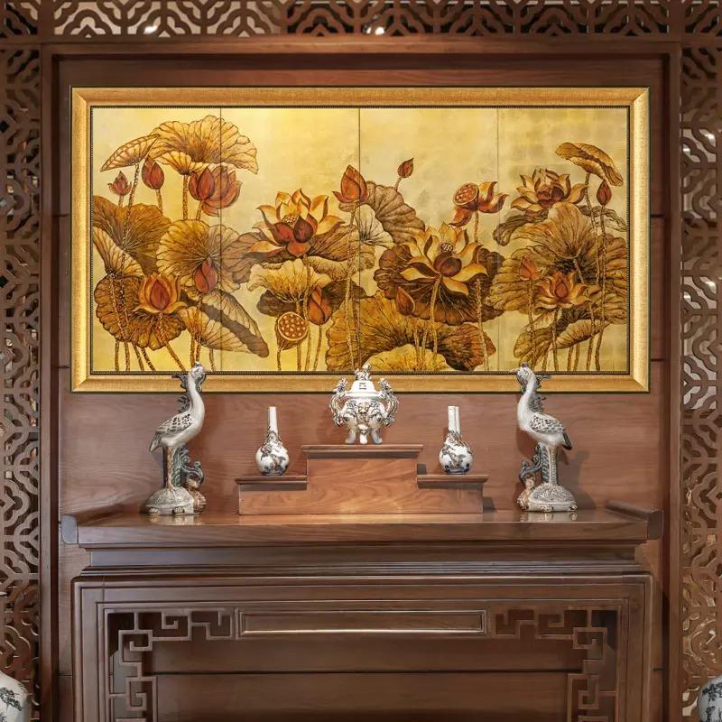 Tranh sơn mài dát vàng cao cấp - Nghệ thuật và phong thủy 9 Bộ tranh sen dát vàng cỡ lớn, tăng thêm sự trang trọng và nét truyền thống cho khu vực thờ tự hoặc phòng khách.