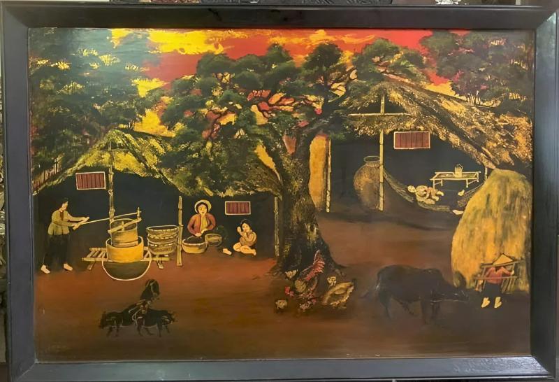 Một góc sinh hoạt đời thường ấm cúng của làng quê Việt Nam, với hình ảnh giã gạo, chăn trâu, thể hiện cuộc sống cần cù và gắn bó cộng đồng