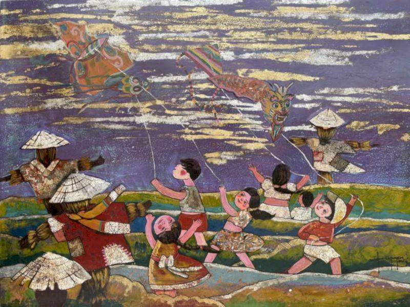 Chủ đề lễ hội và văn hóa dân gian: Trẻ em chăn trâu thả diều, mang lại niềm vui hồn nhiên và khơi gợi ký ức về tuổi thơ êm đềm