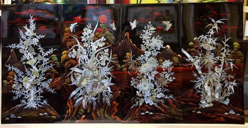 Tranh sơn mài khảm trai chủ đề hoa lá và cảnh vật thiên nhiên.