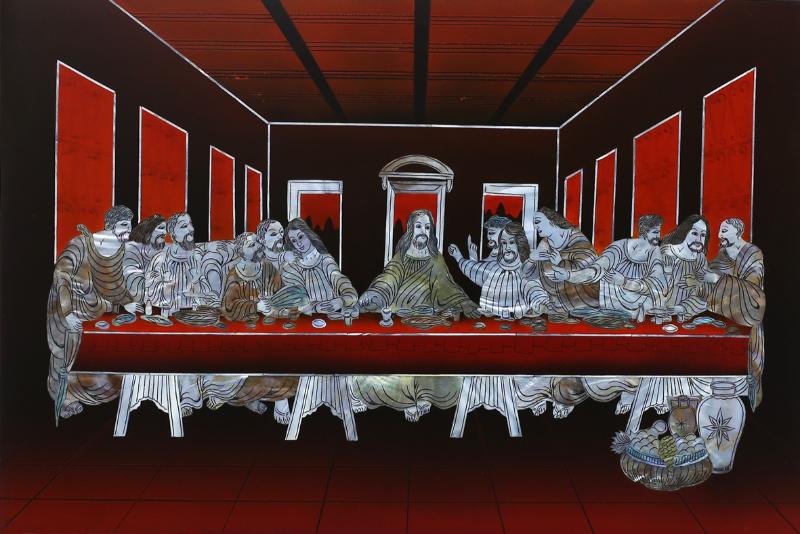 Tranh sơn mài khảm trai tái hiện lại bức "Bữa tiệc ly" với các chi tiết được làm nổi bật bằng ánh xà cừ.