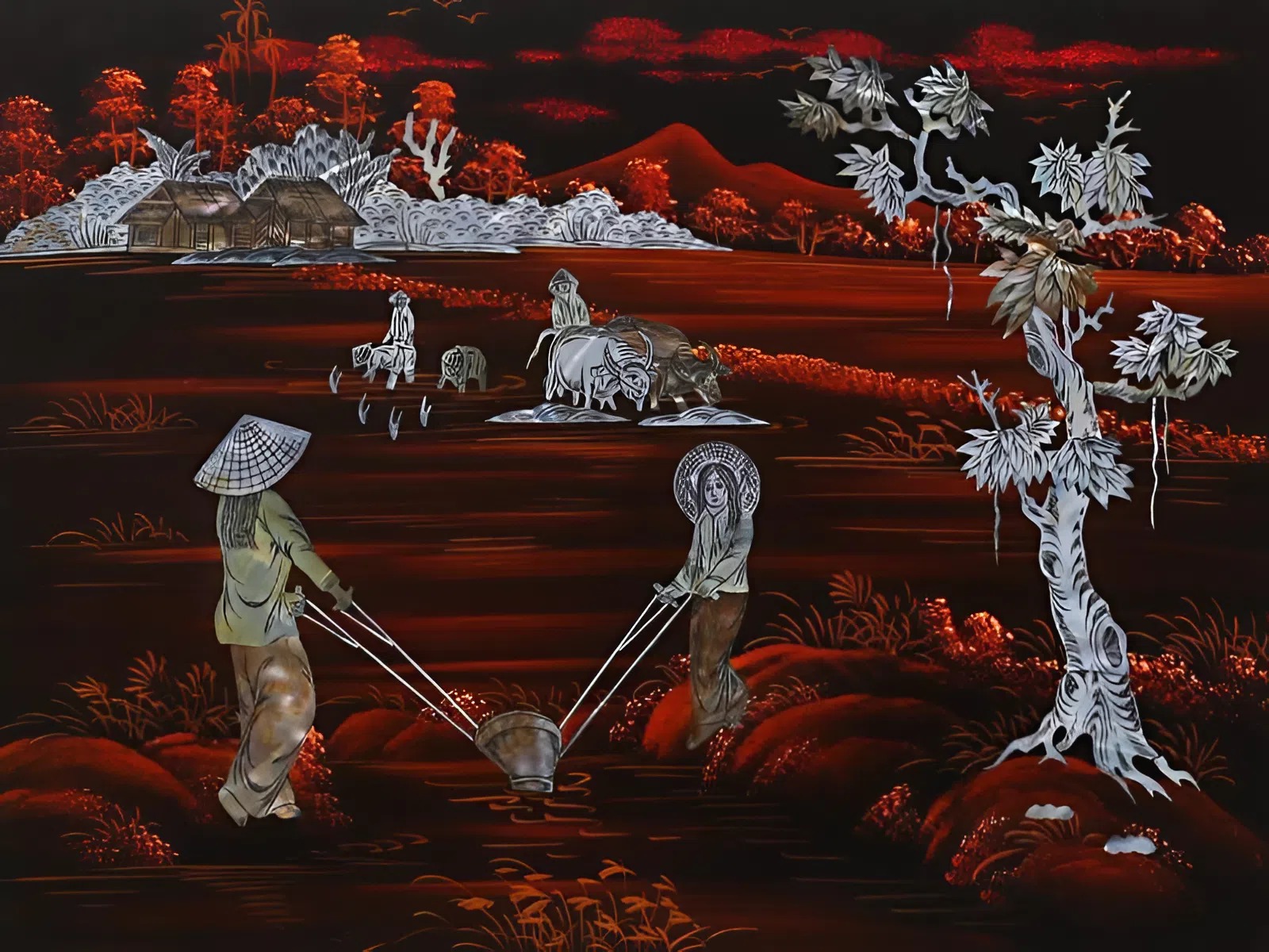 tranh sơn mài khảm trai