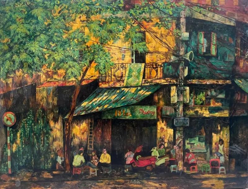 Tranh sơn mài phố cổ thể hiện gu thẩm mỹ và cá tính của gia chủ, tạo điểm nhấn ấm áp và gần gũi cho không gian.