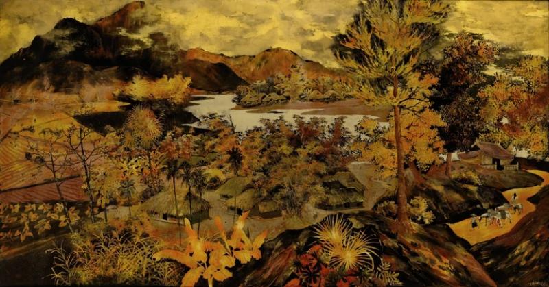 Tác phẩm sơn mài Thành Lễ sử dụng kỹ thuật dát vàng quỳ thủ công, tạo hiệu ứng ánh kim lấp lánh và chiều sâu đặc trưng