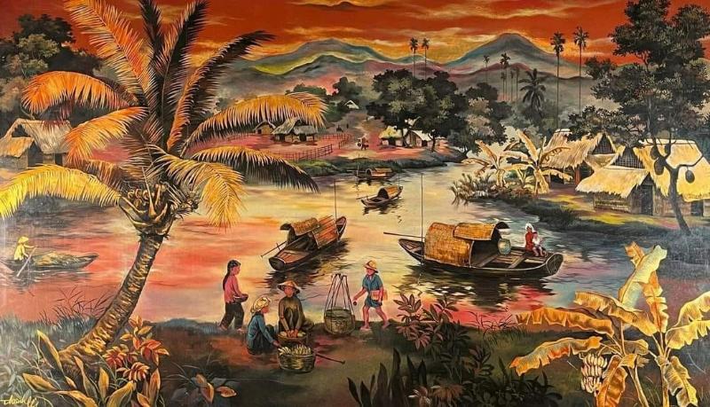 Bức tranh phong cảnh làng quê Việt Nam truyền thống, thể hiện màu sắc trầm ấm và bố cục có chiều sâu đặc trưng của sơn mài Thành Lễ