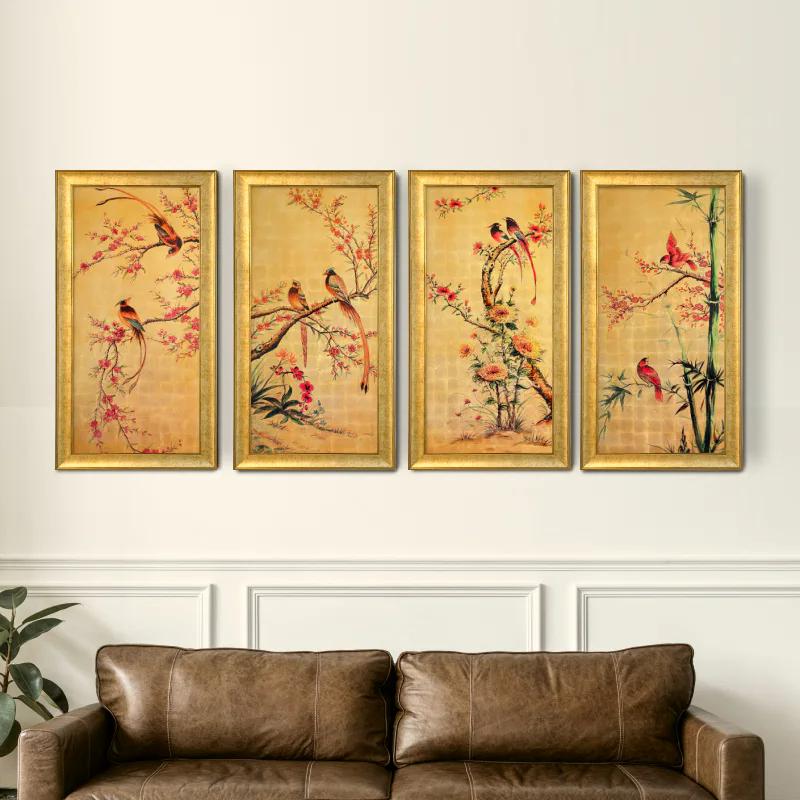 Bộ tranh sơn mài tứ quý (tùng – cúc – trúc – mai) mang ý nghĩa sung túc, đủ đầy, phù hợp với phong cách cổ điển