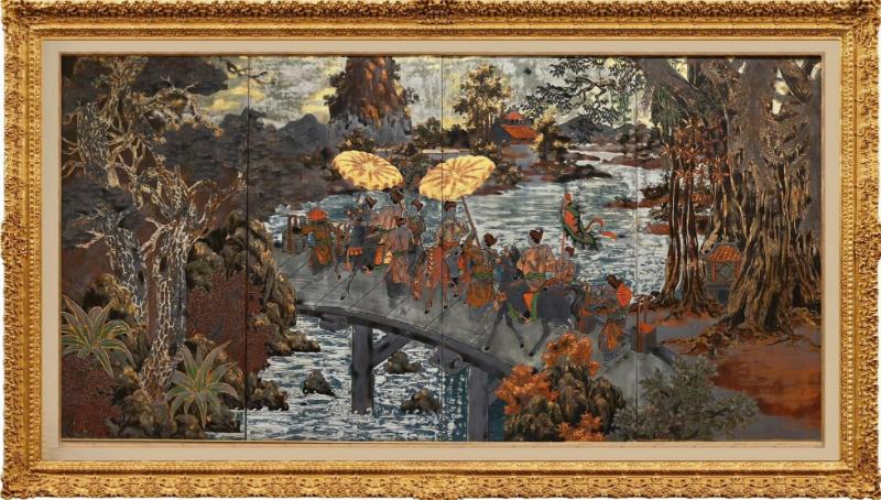 Tranh sơn mài Vinh Quy Bái Tổ truyền thống, tái hiện đoàn rước đỗ đạt về làng