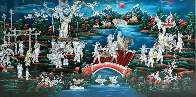 Tranh sơn mài Vinh Quy Bái Tổ với màu sắc tươi sáng, thường được chọn làm quà tặng cao cấp, ý nghĩa