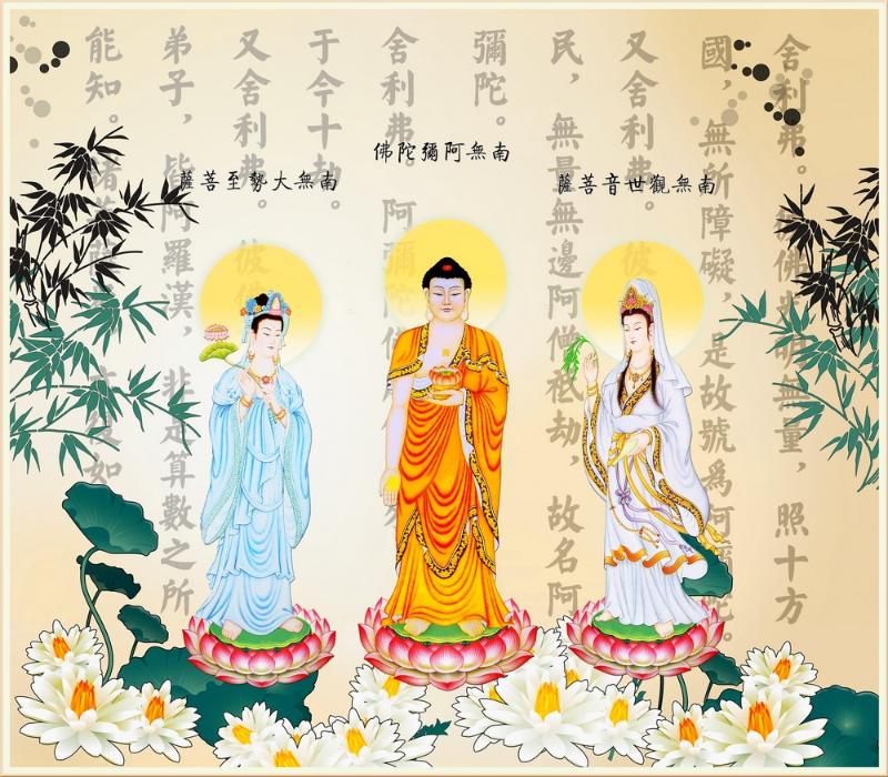 Hình ảnh Tây Phương Tam Thánh đại diện cho cõi Tây Phương Cực Lạc, nơi an lạc, thanh tịnh và giải thoát.